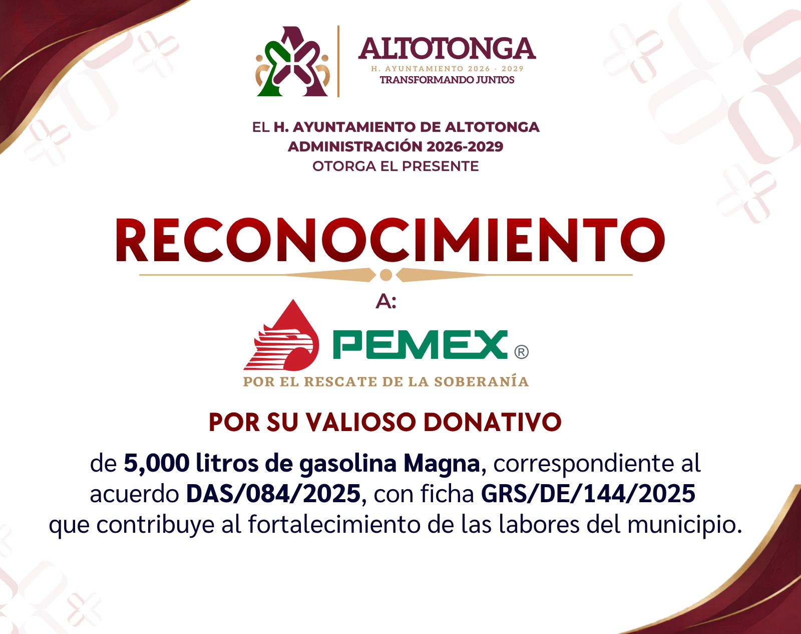 Agradecimiento a Pemex por el combustible donado